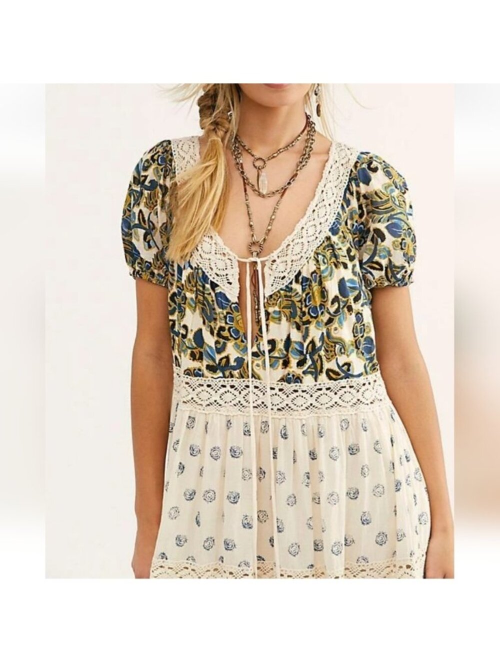 Free People Ivory Tiered Beautiful Boho Sun Chaser Midi Maxi Dress Size M Cotton - Picture 4 of 15